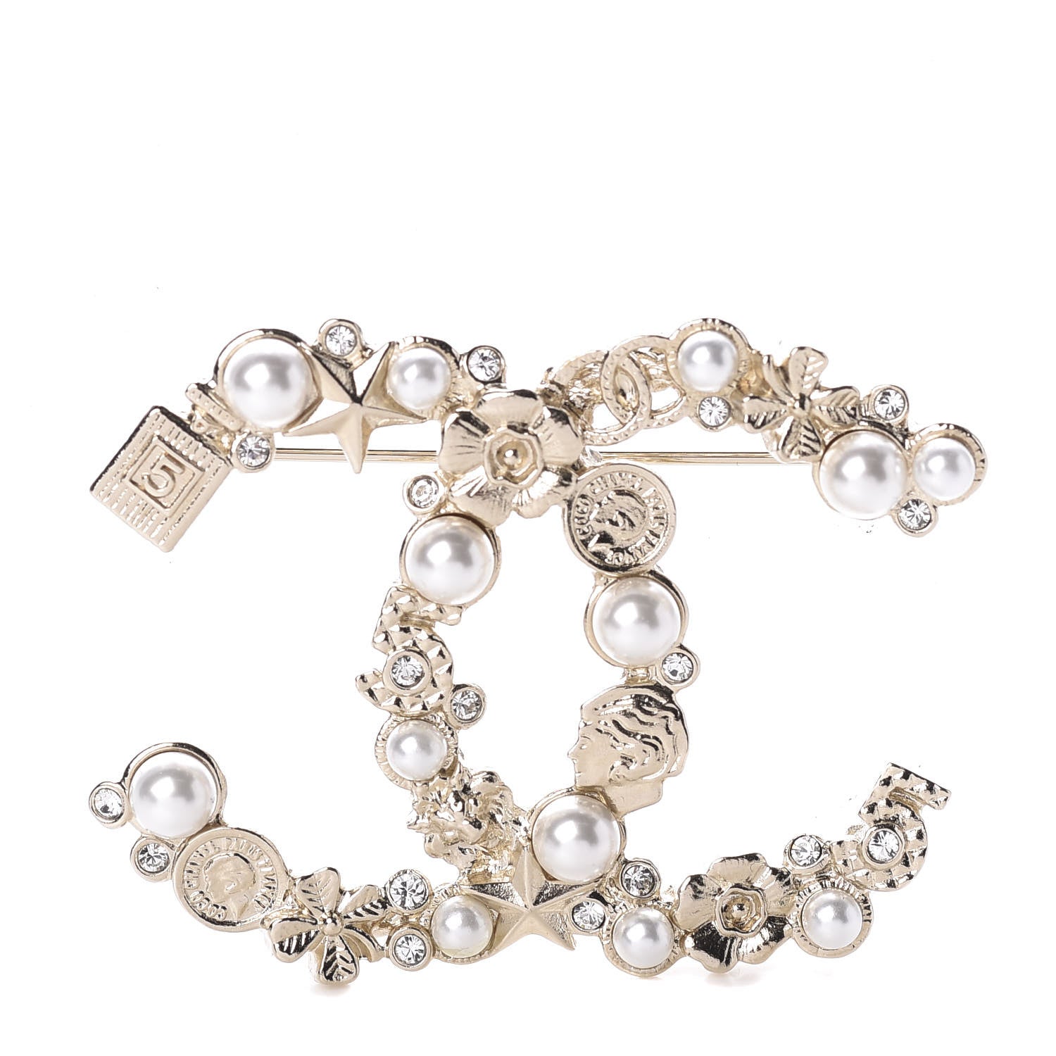 Chanel Crystal Pearl CC Charms Brooch Gold 1 of 4