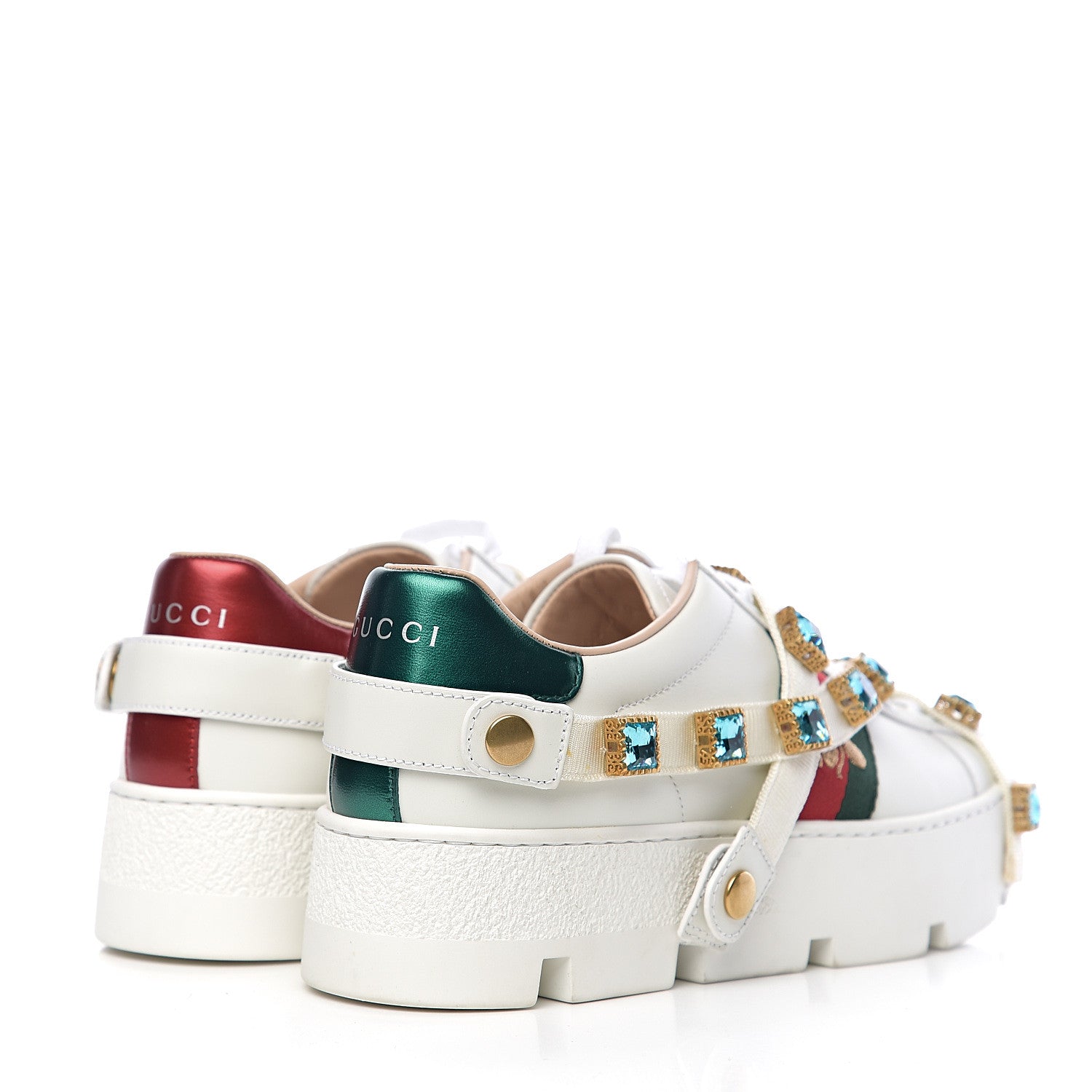 Gucci Calfskin Removable Crystals Bee Embroidered Ace Platform Sneakers 37.5 White 4 of 11