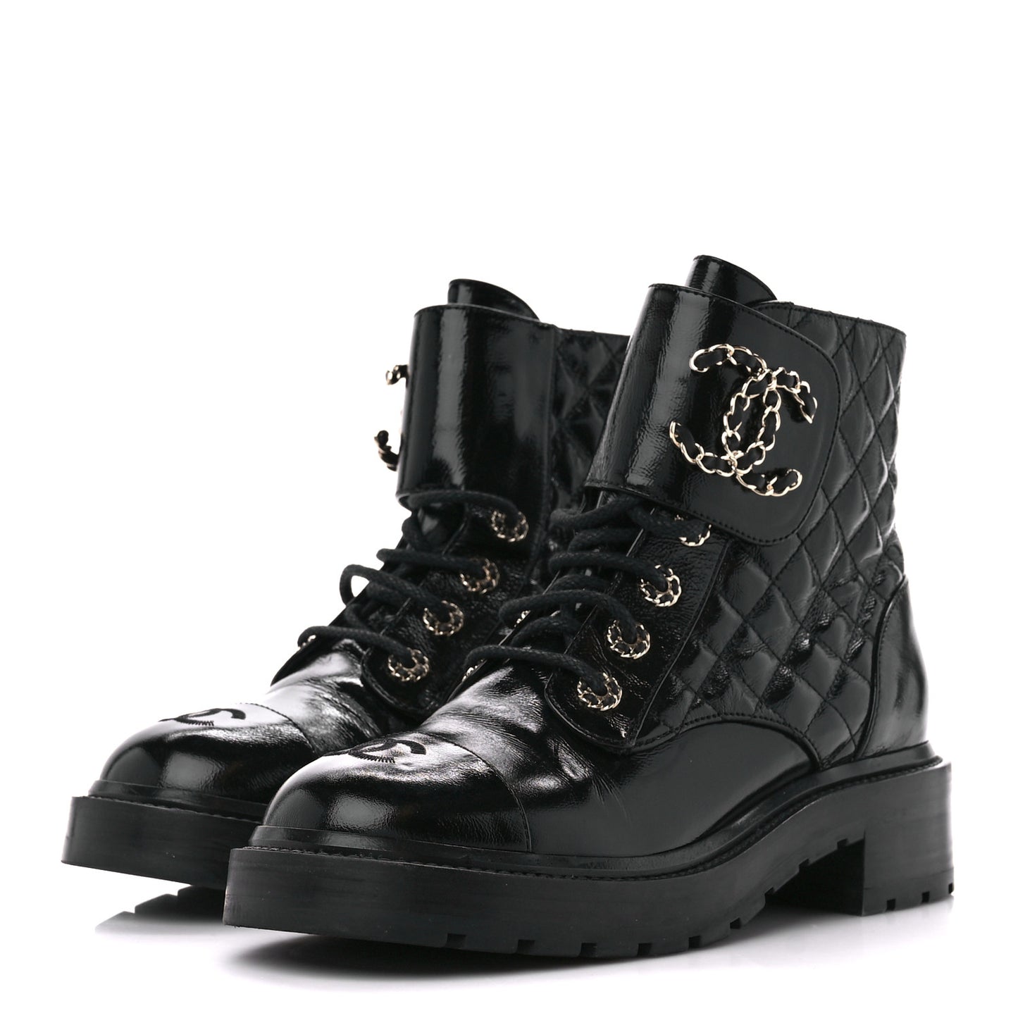 Shiny Goatskin Calfskin Quilted Lace Up Combat Boots 38 Black