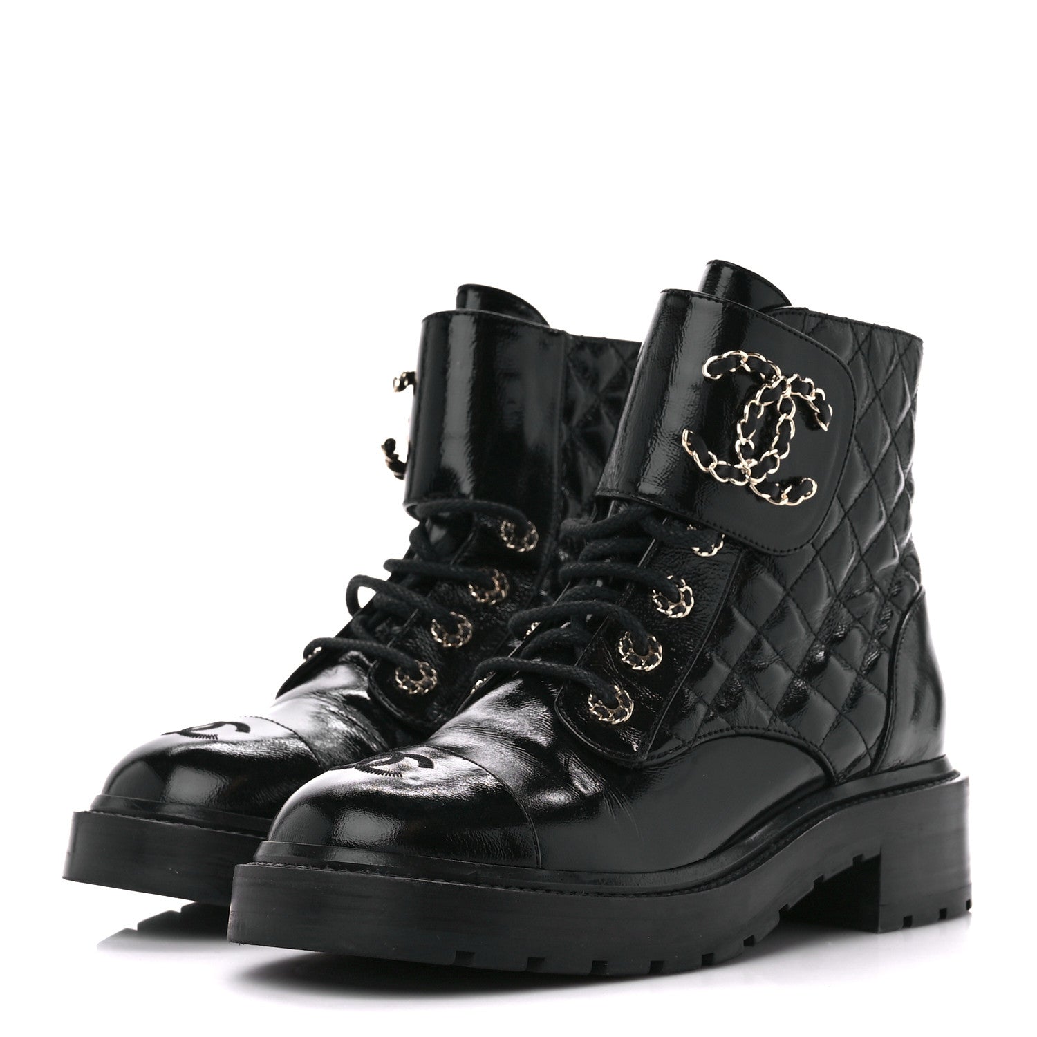 Chanel Shiny Goatskin Calfskin Quilted Lace Up Combat Boots 38 Black 3 of 9