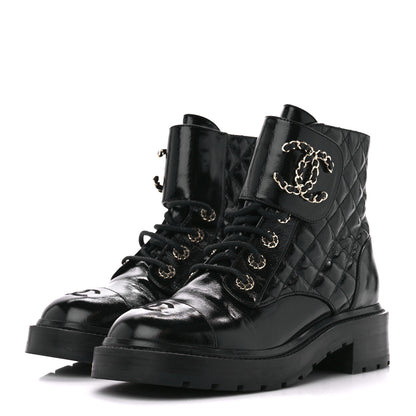 Chanel Shiny Goatskin Calfskin Quilted Lace Up Combat Boots 38 Black 3 of 9