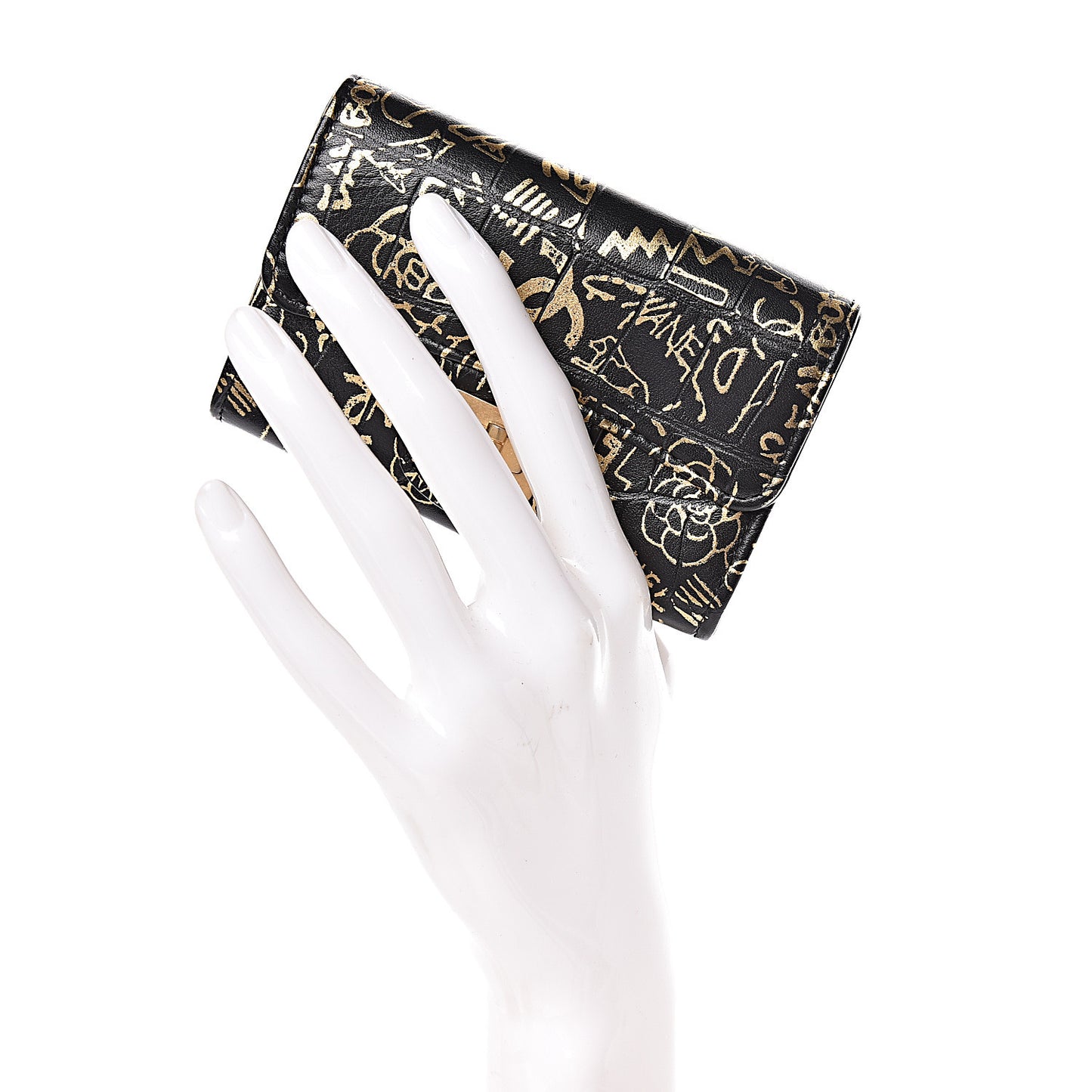 Calfskin Crocodile Embossed Graffiti Reissue Card Holder Wallet Black Gold