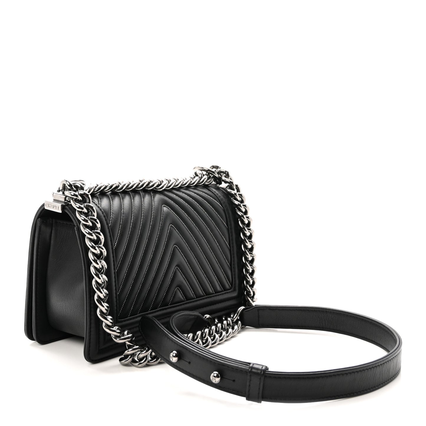 Calfskin Chain Chevron Small Boy Flap Black
