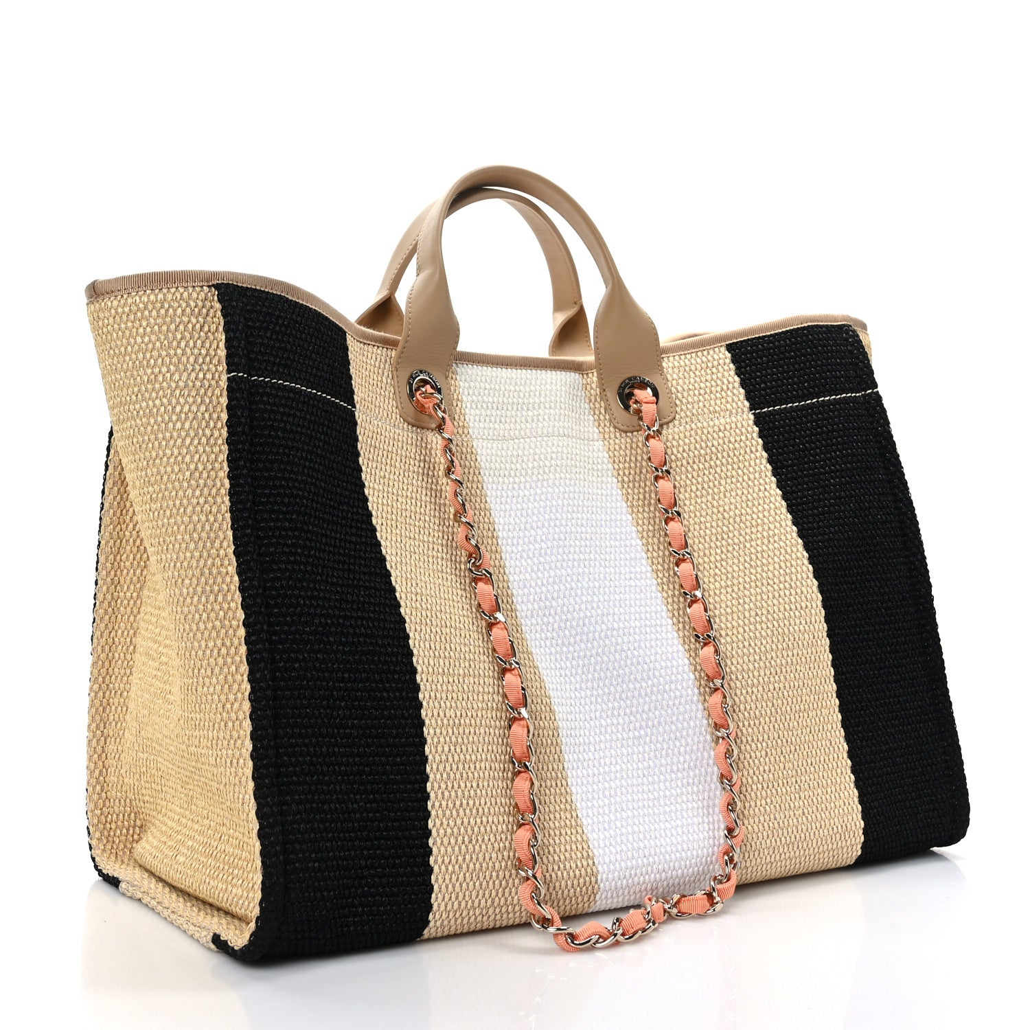 Chanel Straw Raffia Calfskin Striped Large Deauville Tote Black Beige Ivory 3 of 9