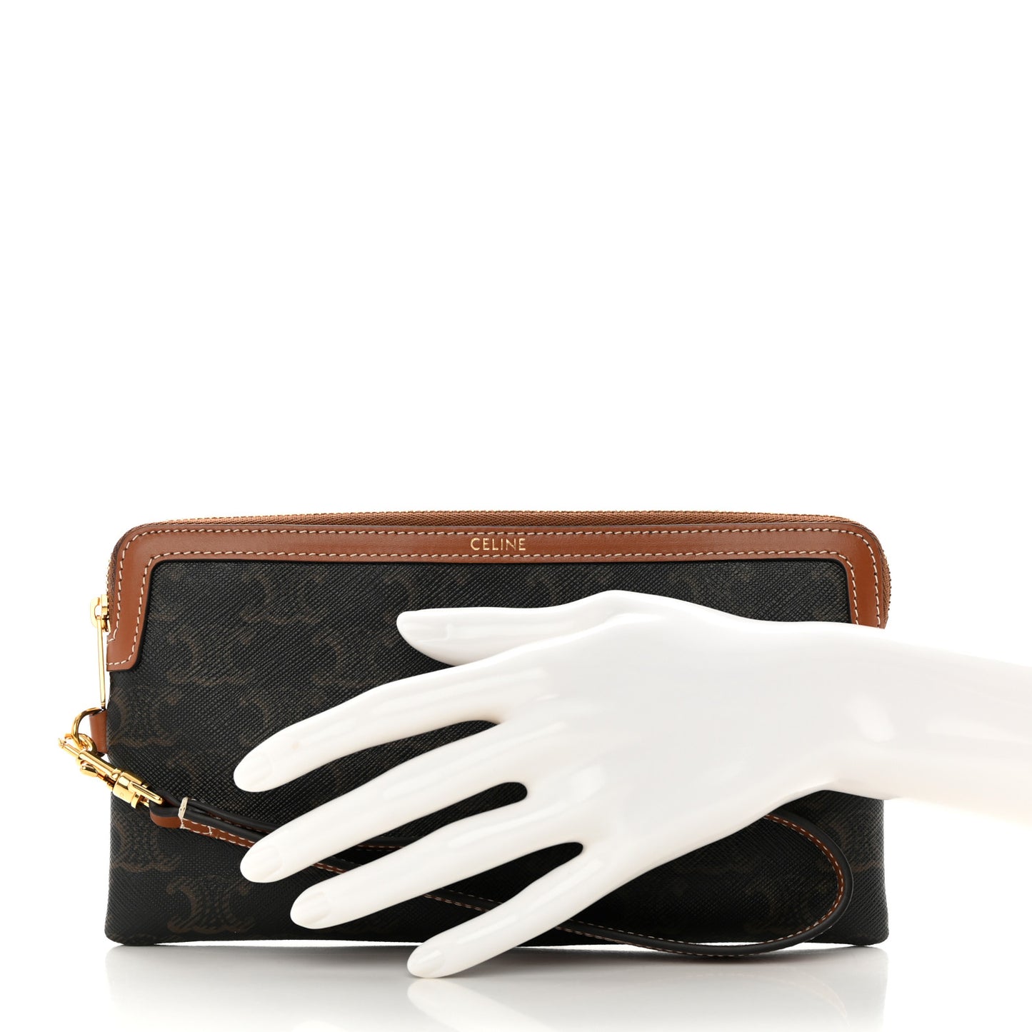 Triomphe Calfskin Long Pouch With Strap Tan
