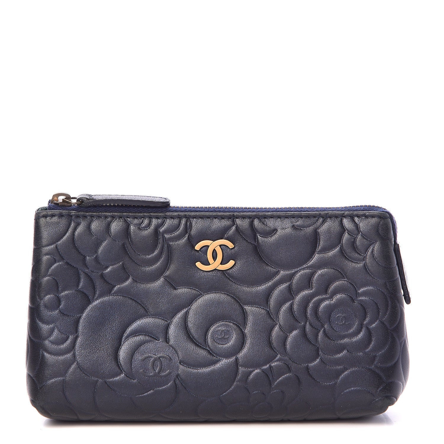 Chanel Lambskin Camellia Embossed Cosmetic Case Dark Blue 1 of 9