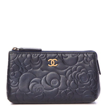 Chanel Lambskin Camellia Embossed Cosmetic Case Dark Blue 1 of 9