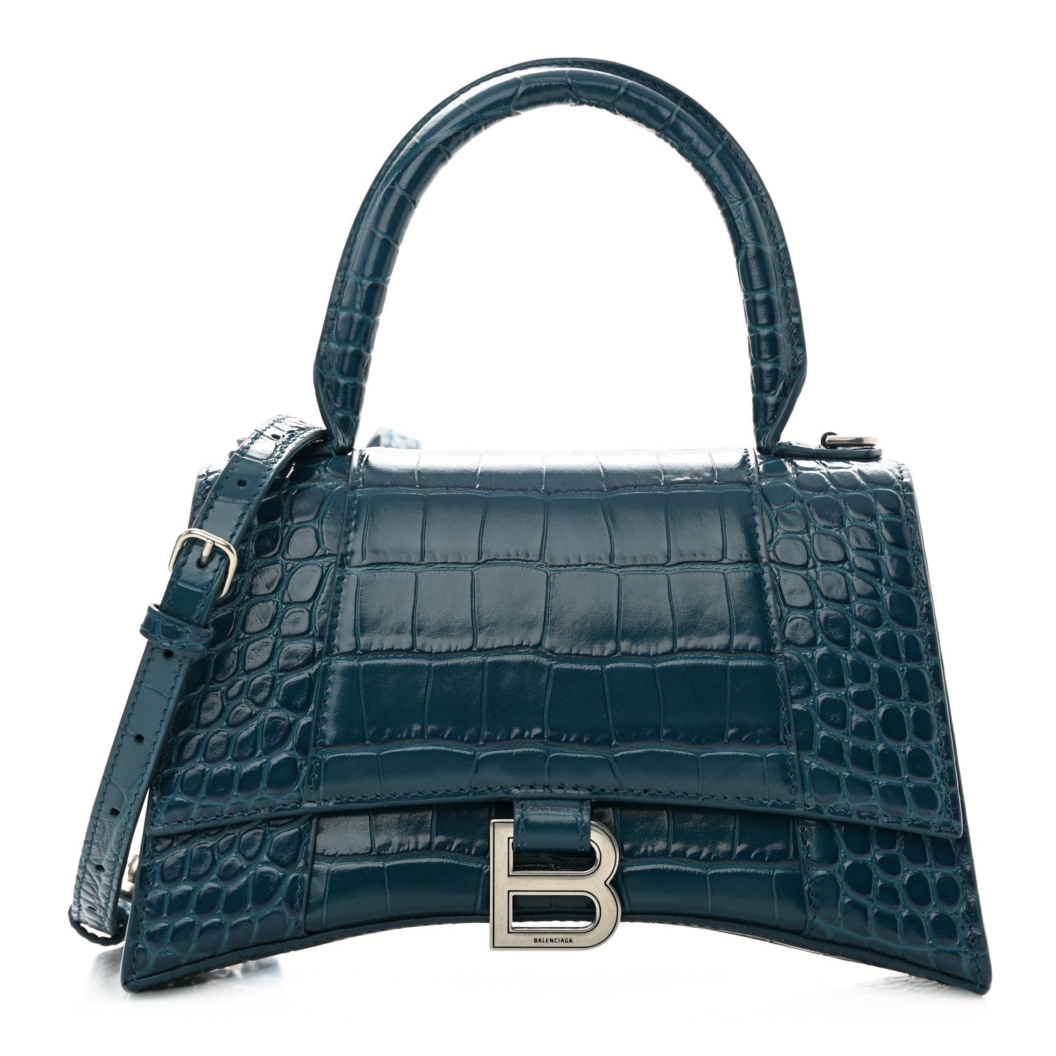 Balenciaga Shiny Calfskin Crocodile Embossed Small Hourglass Top Handle Bag Dark Petrol Blue 1 of 12