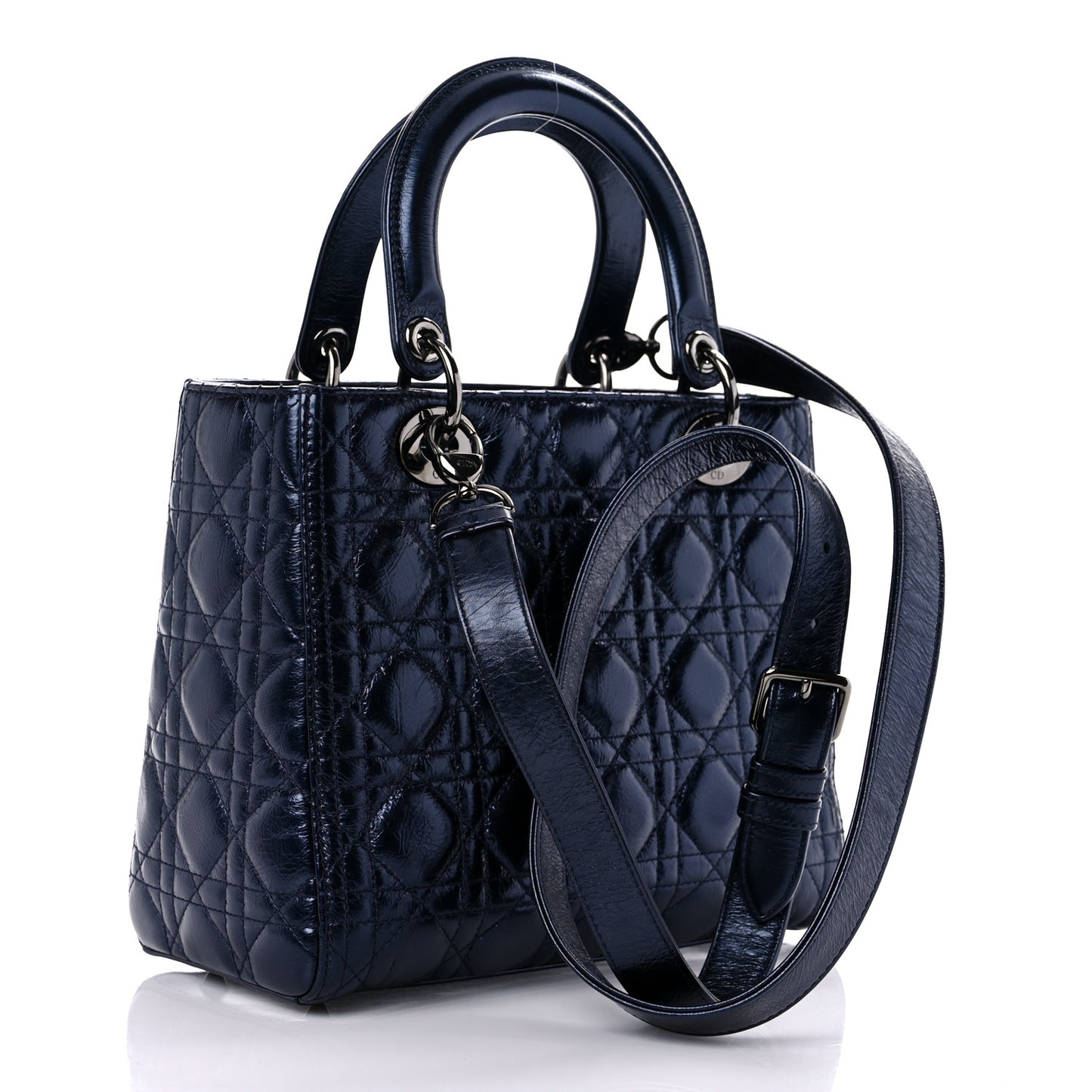 Metallic Lambskin Cannage Medium Lady Dior Navy Blue