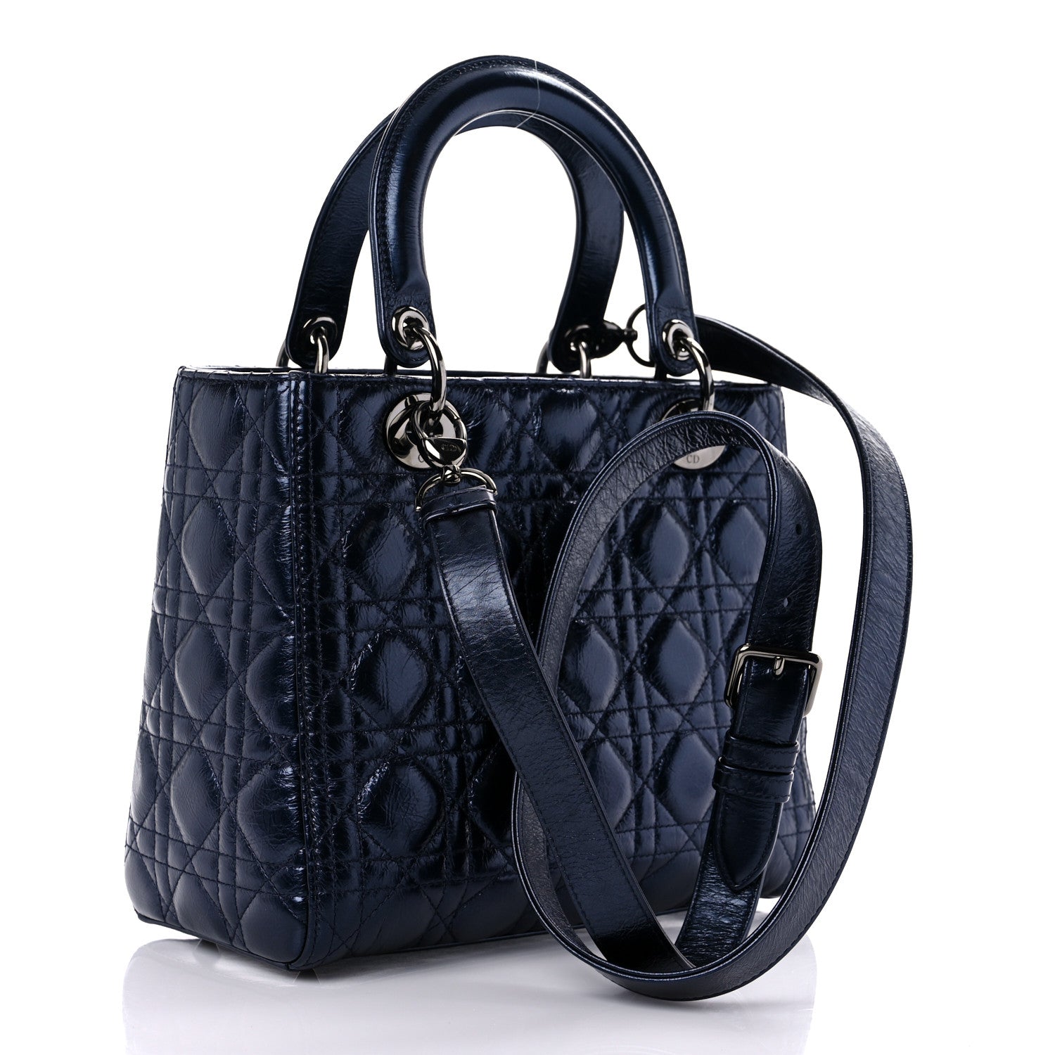 Christian Dior Metallic Lambskin Cannage Medium Lady Dior Navy Blue 2 of 9