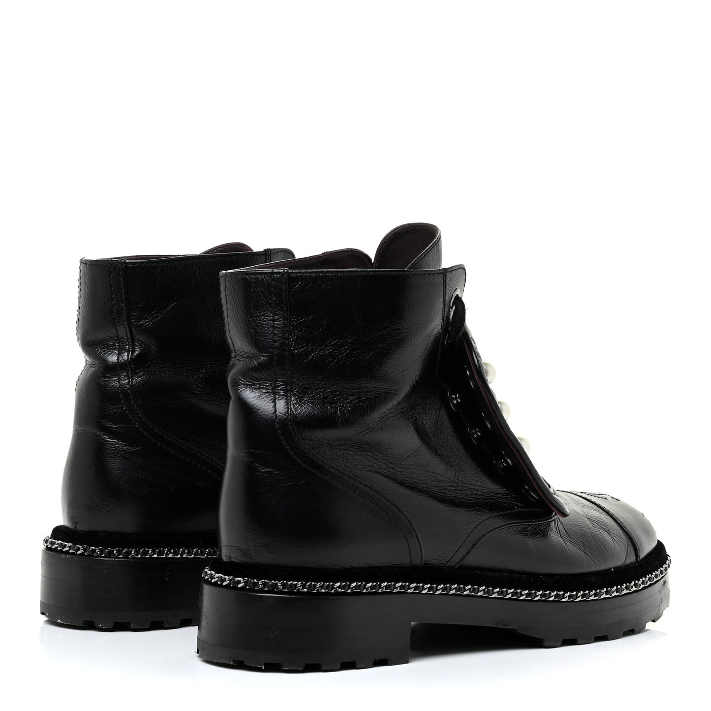 Crackled Calfskin Velvet Pearl Combat Short Boots 39 Black