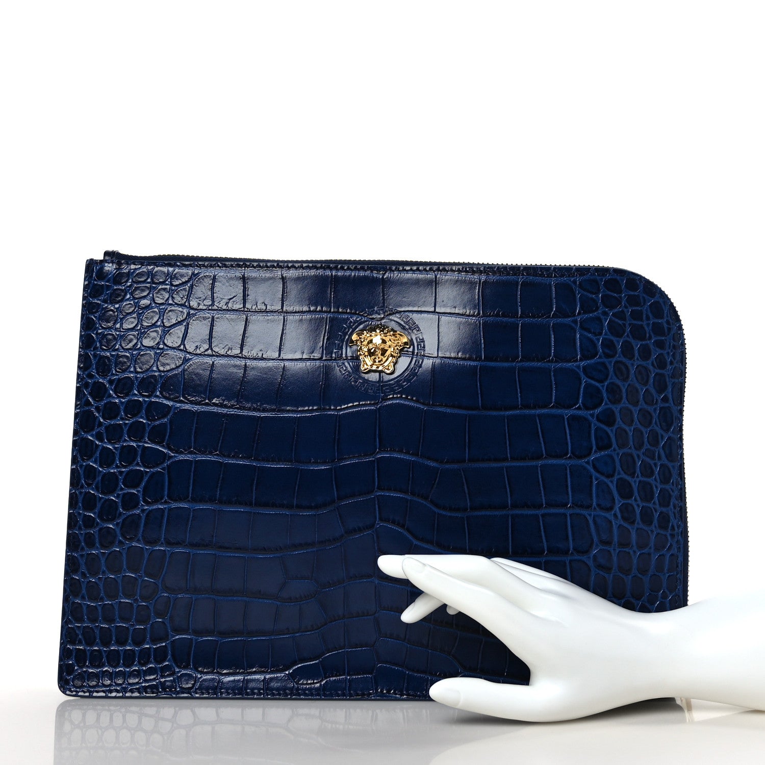 Versace Crocodile Embossed Calfskin Medusa Small Zip Clutch Blue 2 of 8