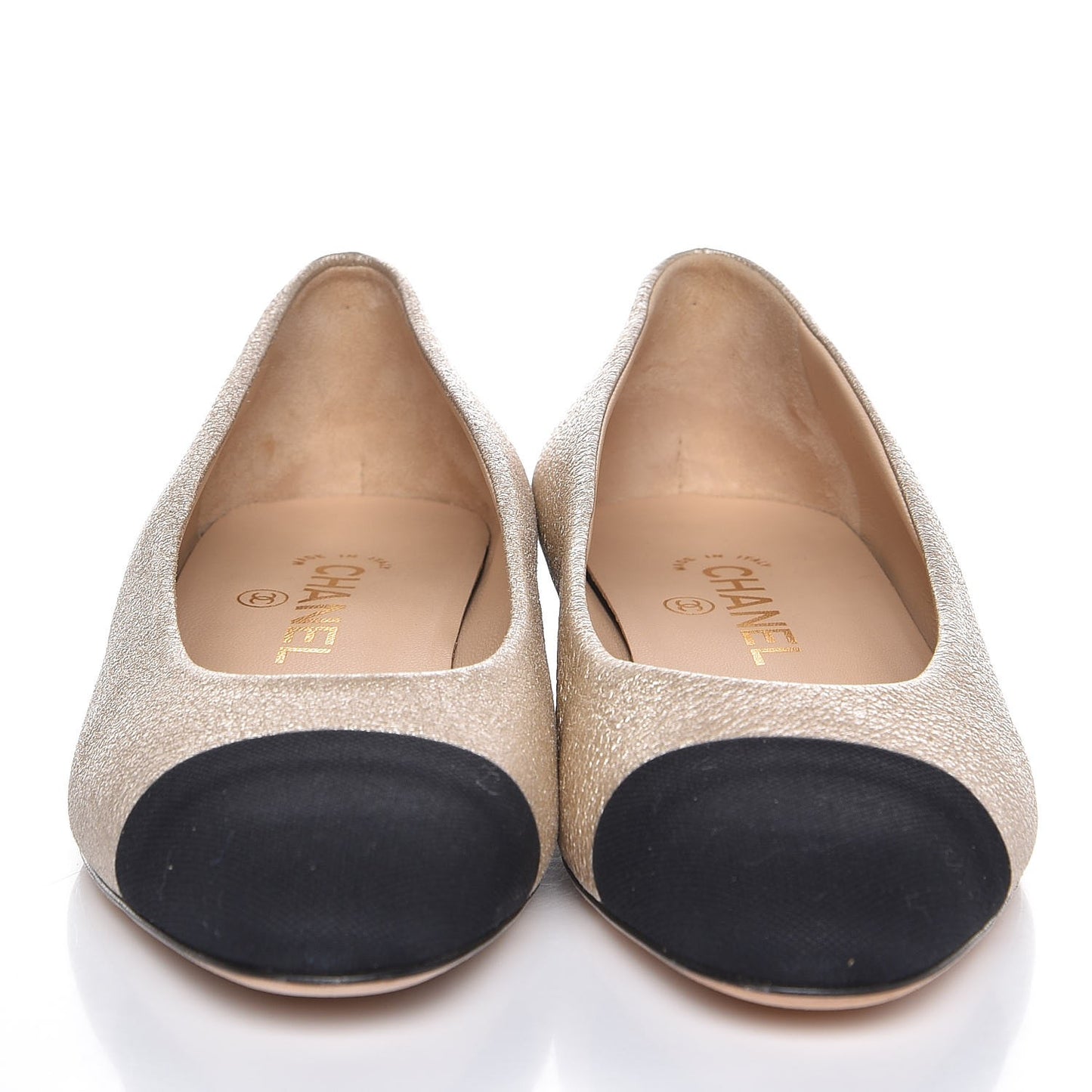 Metallic Goatskin Grosgrain Cap Toe Ballerina Flats 37 Gold Black