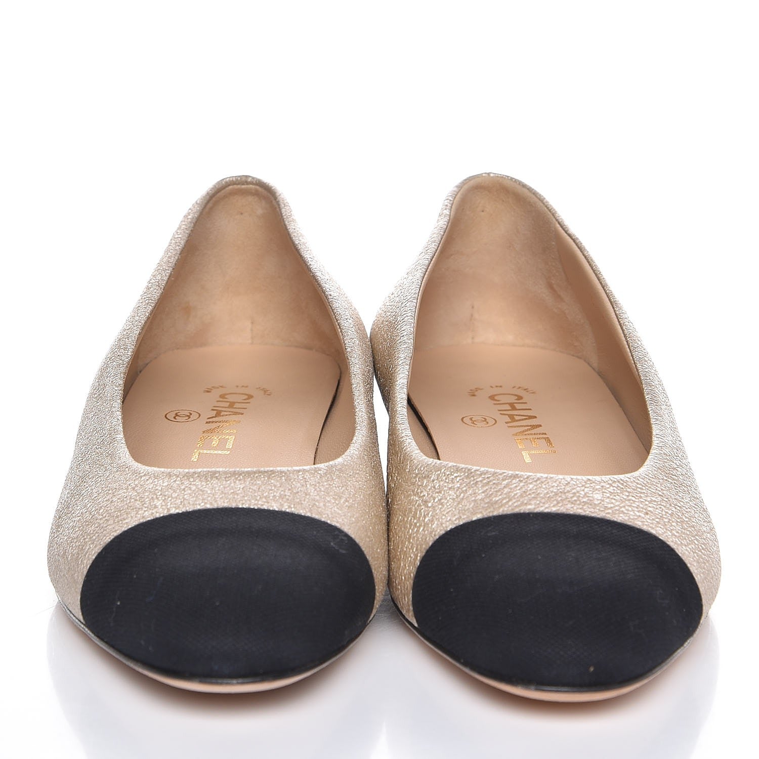 Chanel Metallic Goatskin Grosgrain Cap Toe Ballerina Flats 37 Gold Black 2 of 12