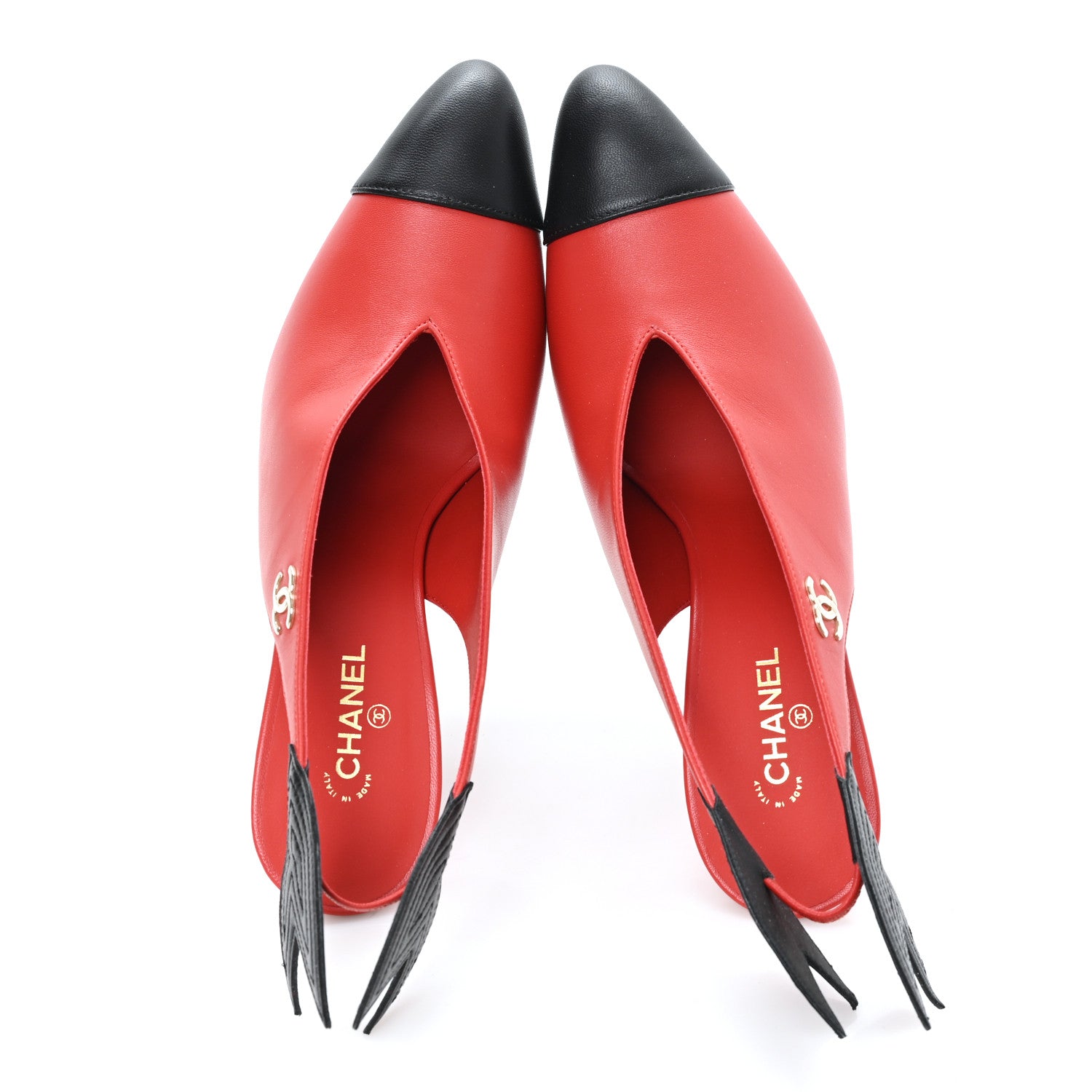 Chanel Lambskin Patent Calfskin Cap Toe CC Slingback Pumps 38 Red Black 2 of 10
