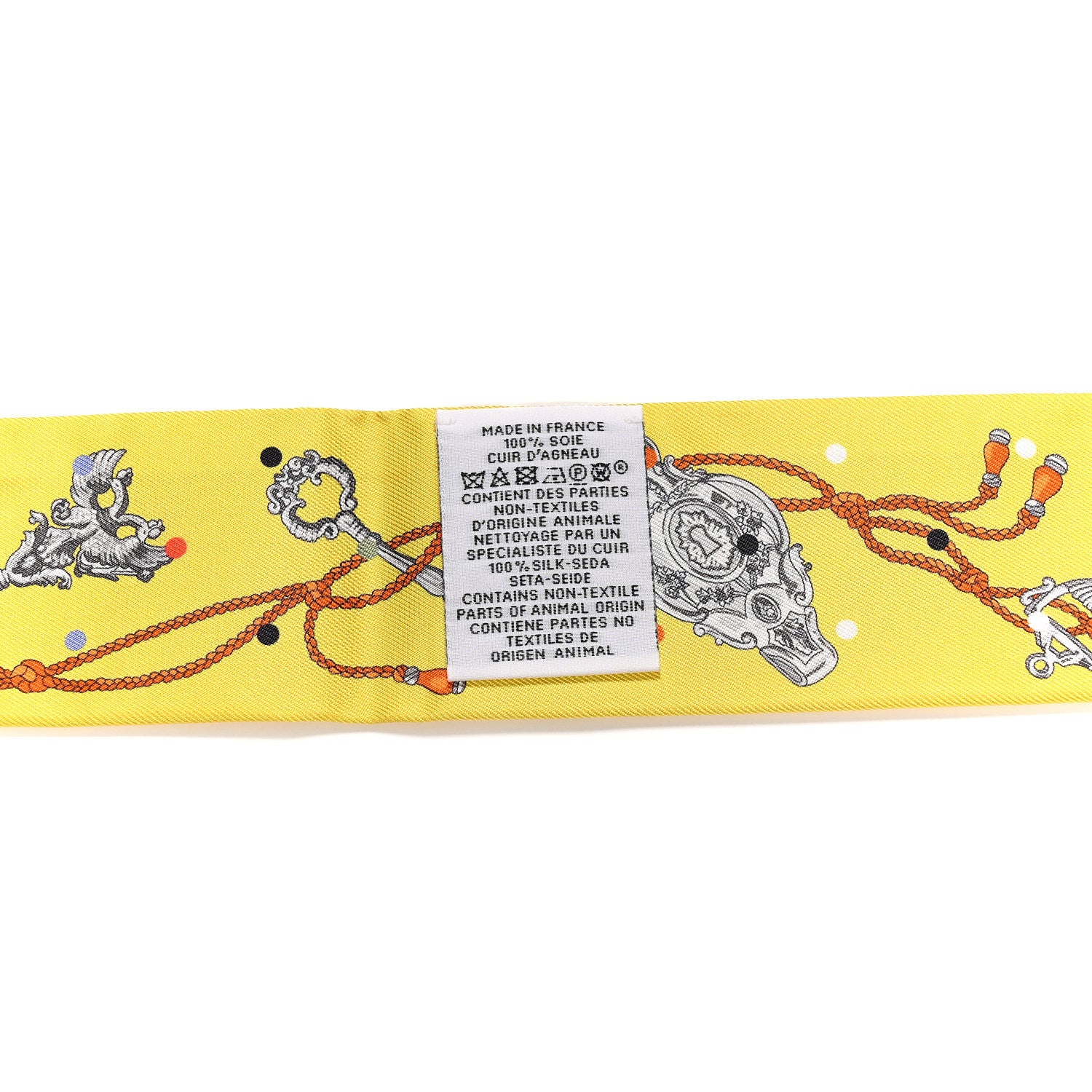 Hermes Silk Calfskin Les Cles A Pois Fringed Twilly Jaune Argent