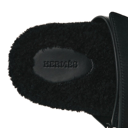 Hermes Calfskin Woolskin Womens Chypre Sandals 37.5 Black 7 of 8