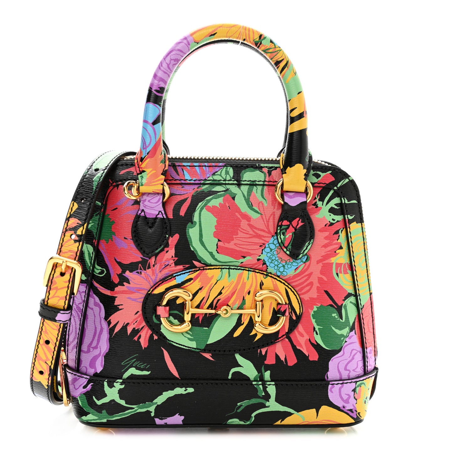 X KEN SCOTT New Shangai Calfskin Jenny Floral Print Mini Horsebit 1955 Top Handle Bag Black Pink