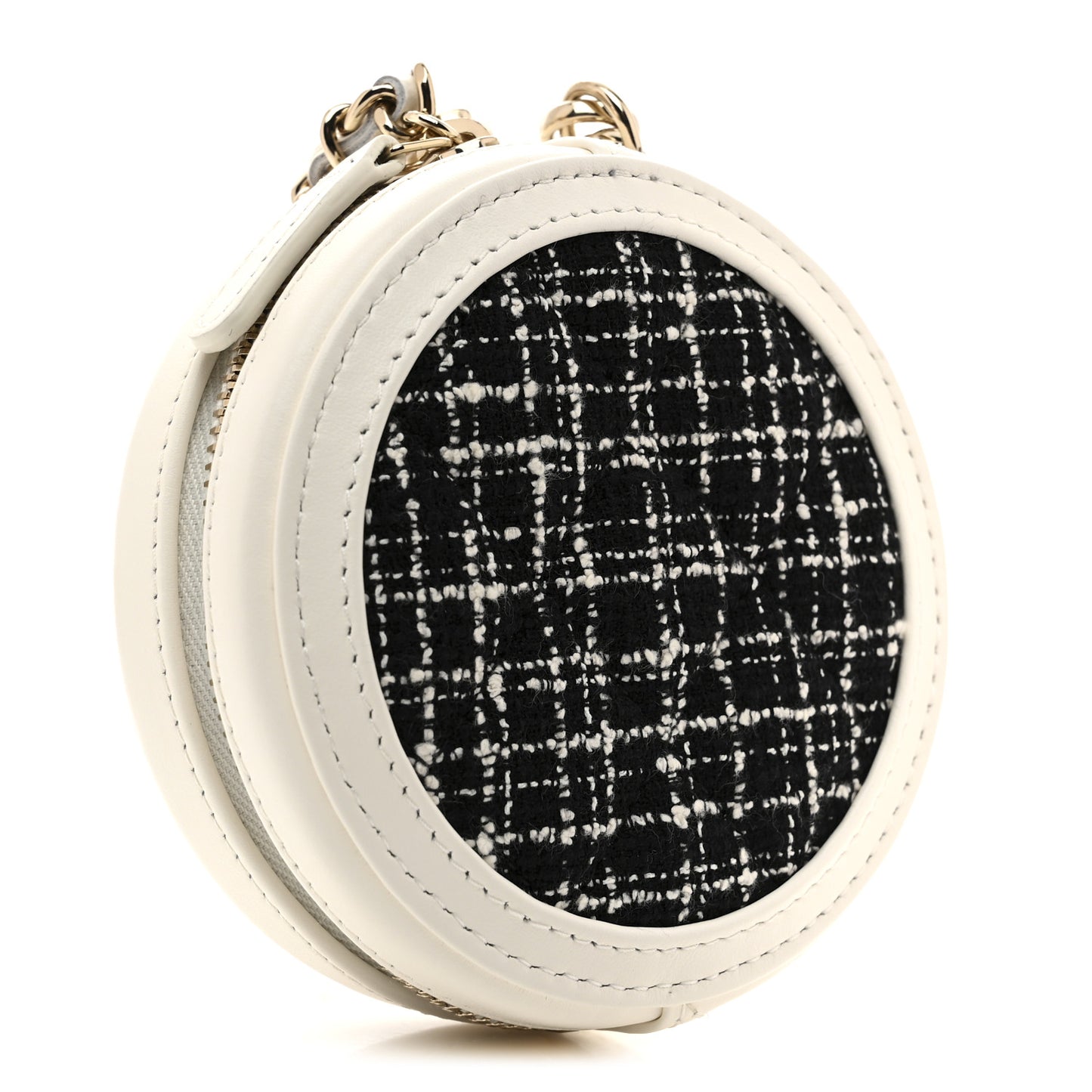 Tweed Quilted Round Filigree Clutch With Chain White Multicolor