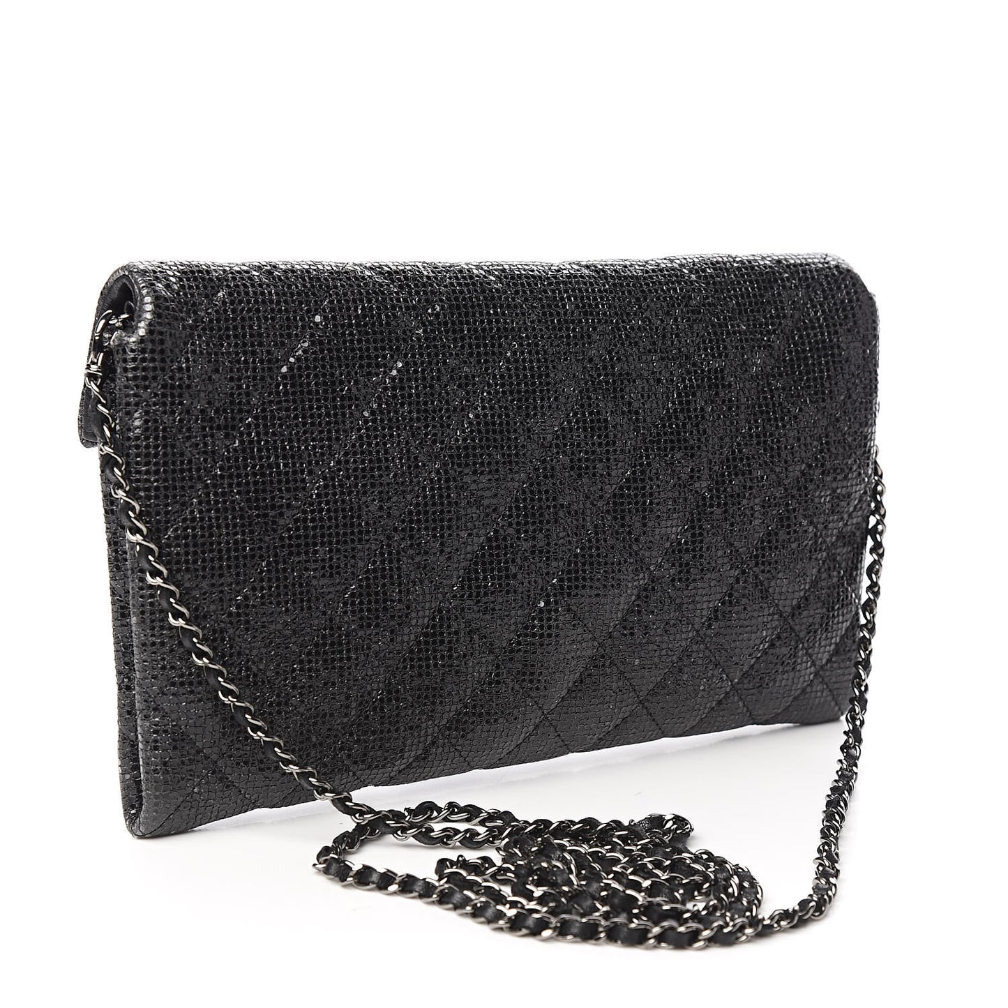 Iridescent Vinyl Quilted Clutch With Chain Black