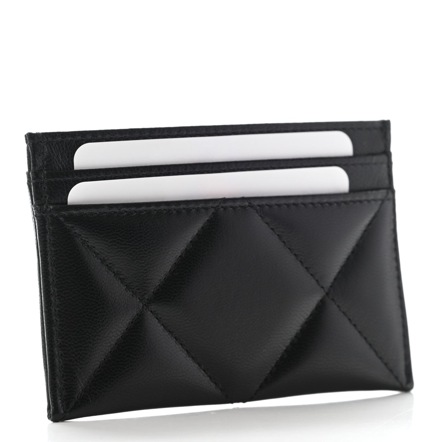 Shiny Goatskin Quilted Chanel 19 Card Holder Black