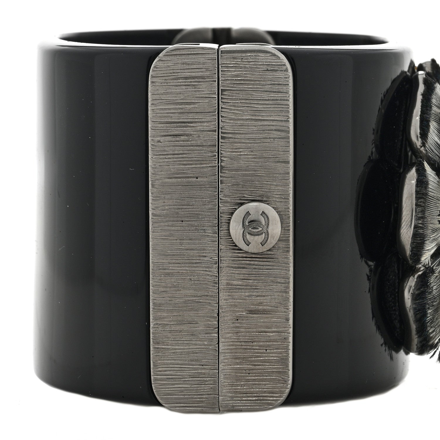 Chanel Resin Crystal Feather CC Camellia Wide Cuff Black 4 of 4