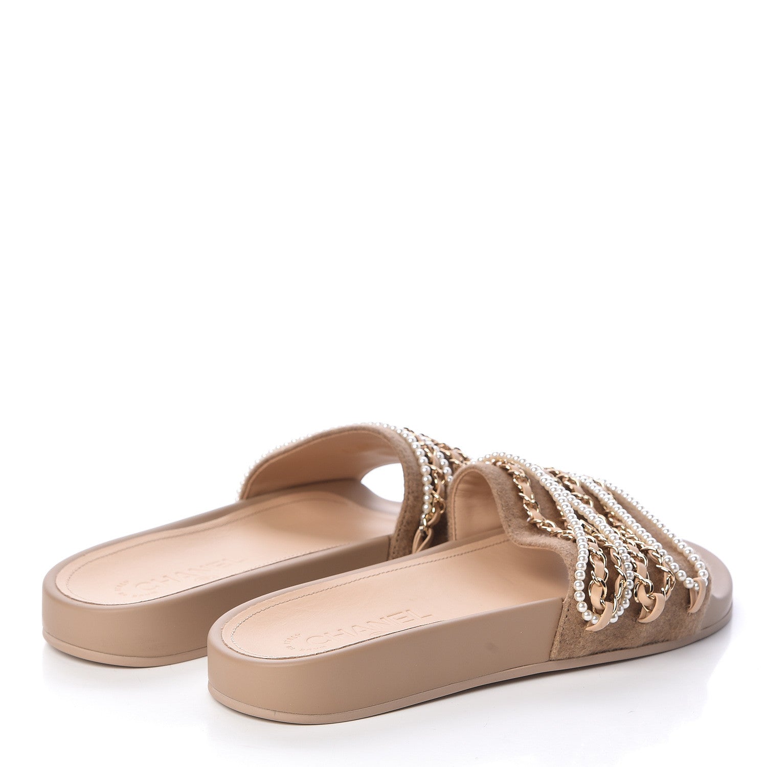 Chanel Tweed Pearl Chain Flat Sandals 38 Beige 4 of 8