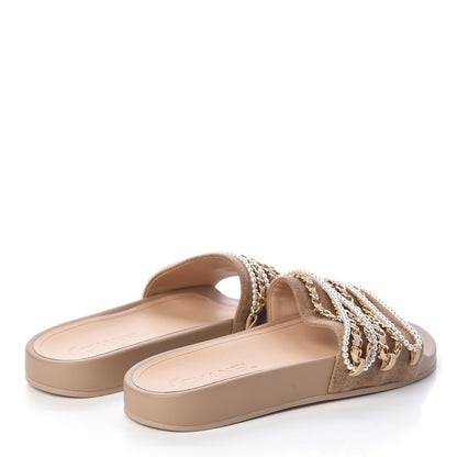 Chanel Tweed Pearl Chain Flat Sandals 38 Beige 4 of 8