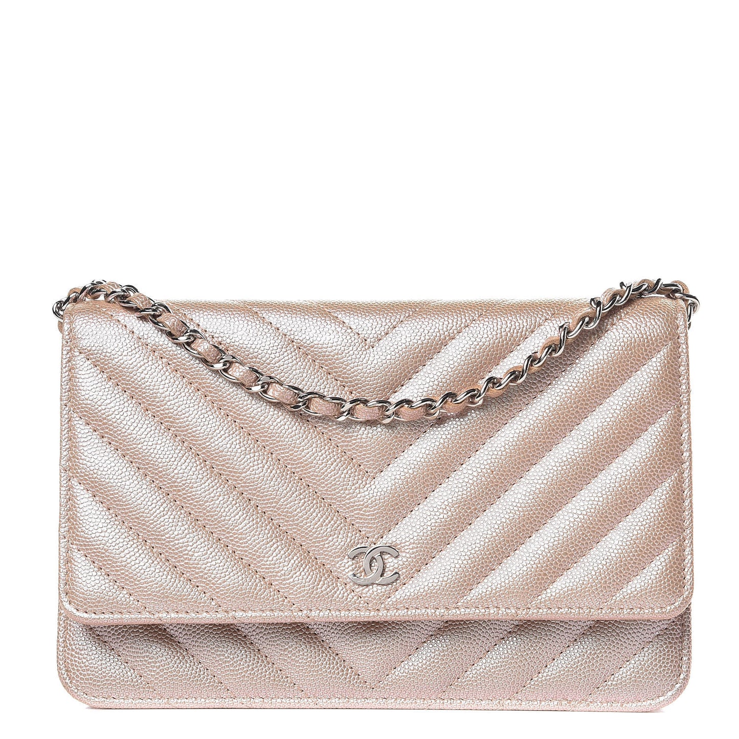 Metallic Caviar Chevron Quilted Wallet On Chain WOC Light Gold