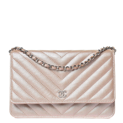 Chanel Metallic Caviar Chevron Quilted Wallet On Chain WOC Light Gold 1 of 11