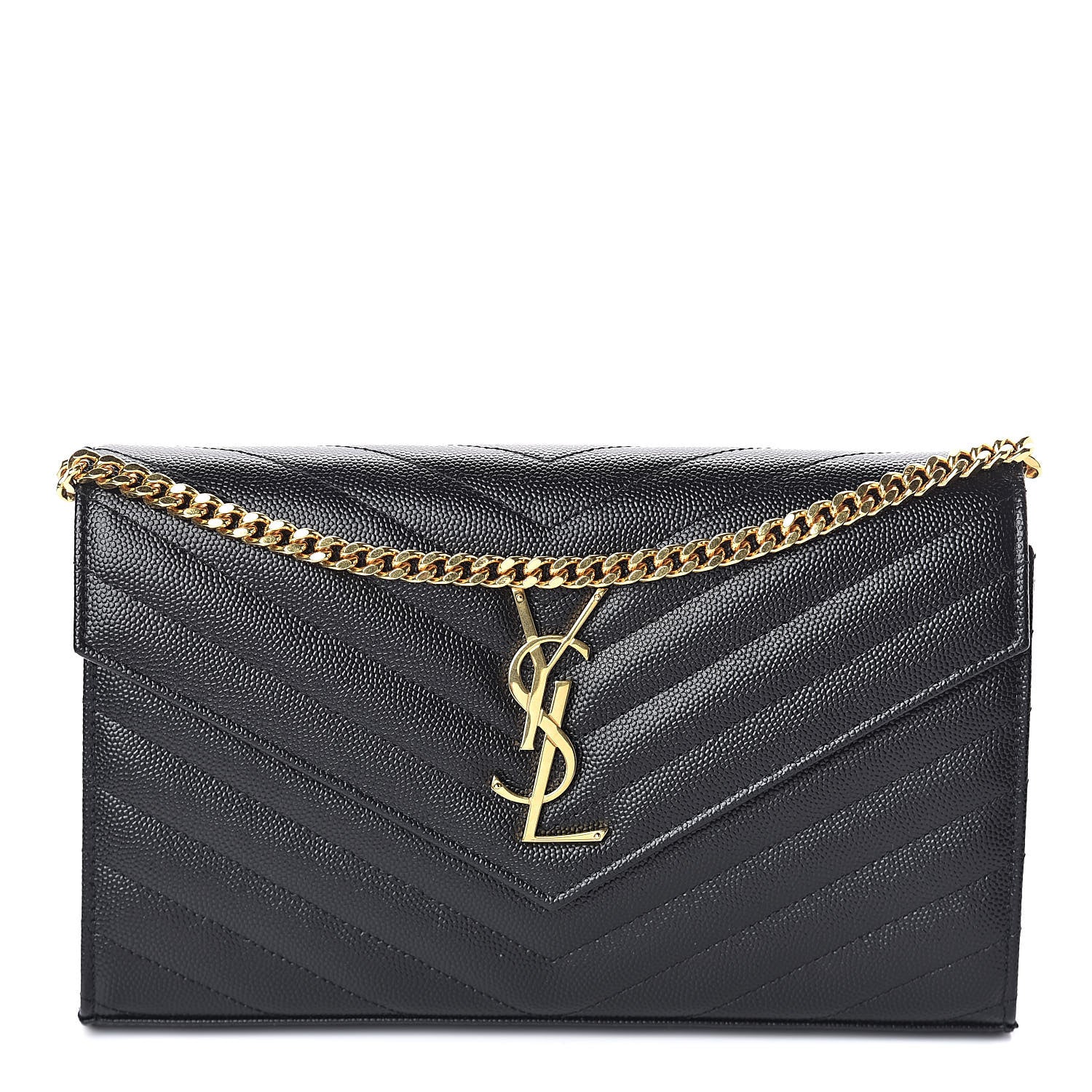 Saint Laurent Grain De Poudre Matelasse Chevron Monogram Chain Wallet Black 1 of 10