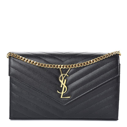 Saint Laurent Grain De Poudre Matelasse Chevron Monogram Chain Wallet Black 1 of 10
