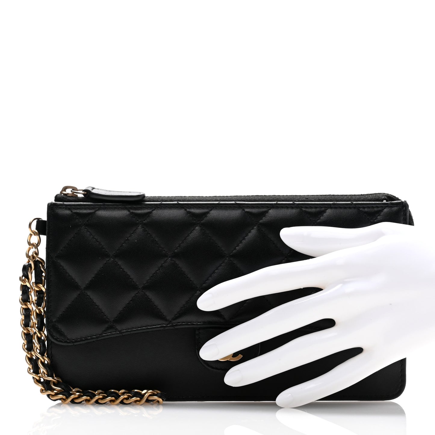 Lambskin Quilted Classic Pouch With Handle Black