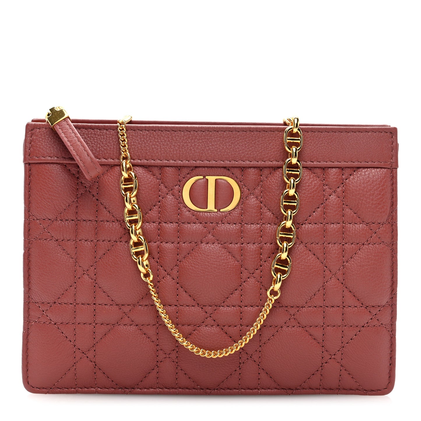 Calfskin Cannage Caro Zipped Pouch With Chain Pink Peony