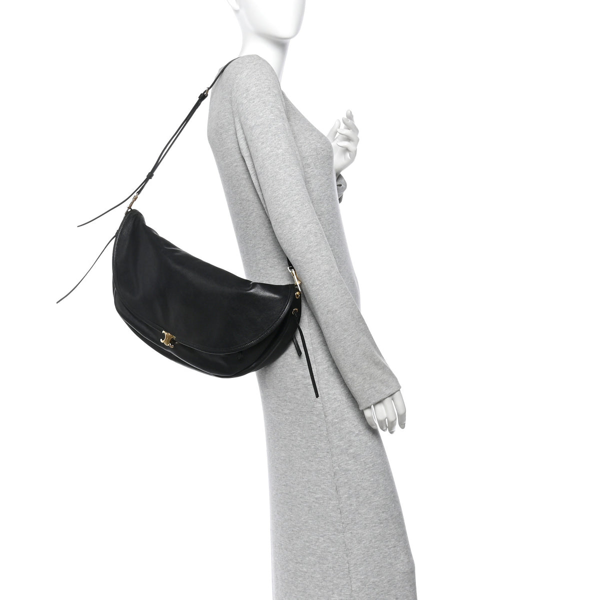 Celine Shiny Lambskin Soft Triomphe Half Moon Bag Black 2 of 9