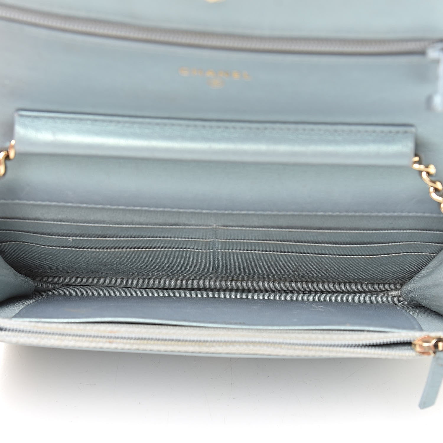 Chanel Metallic Patent Calfskin Quilted Boy Wallet on Chain WOC Light Blue 5 of 15