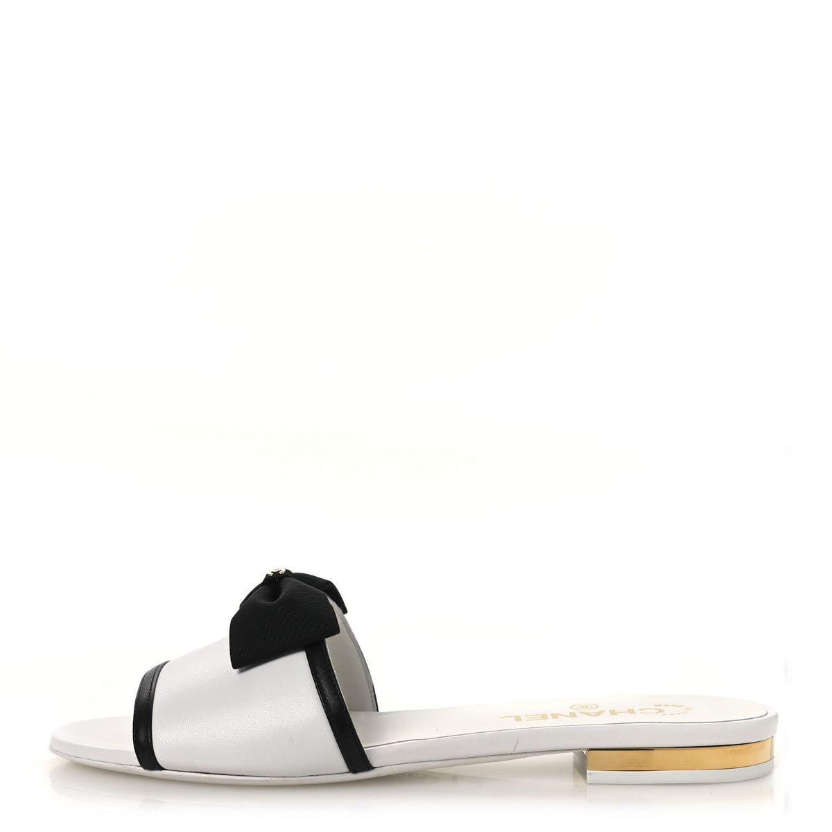 Chanel Lambskin Grosgrain CC Bow Mules 38.5 White Black 1 of 11