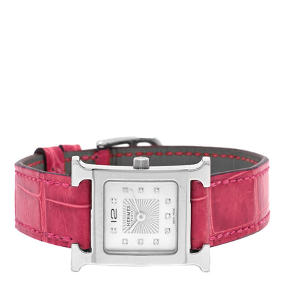Hermes Stainless Steel Alligator Diamond Mother of Pearl 21mm Heure H Hour Quartz Watch Framboise 2 of 5