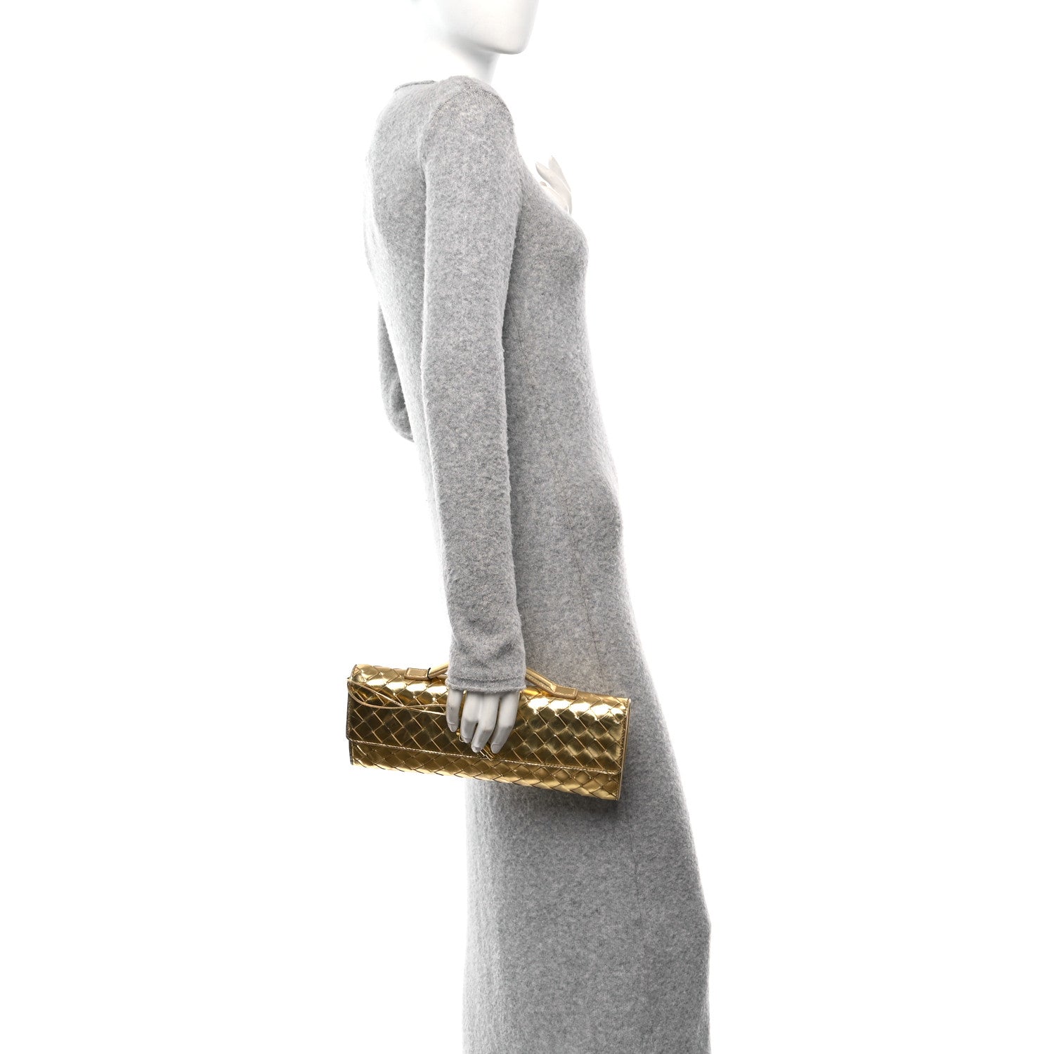 Bottega Veneta Metallic Lambskin Intrecciato Long Andiamo Top Handle Clutch Gold 2 of 9
