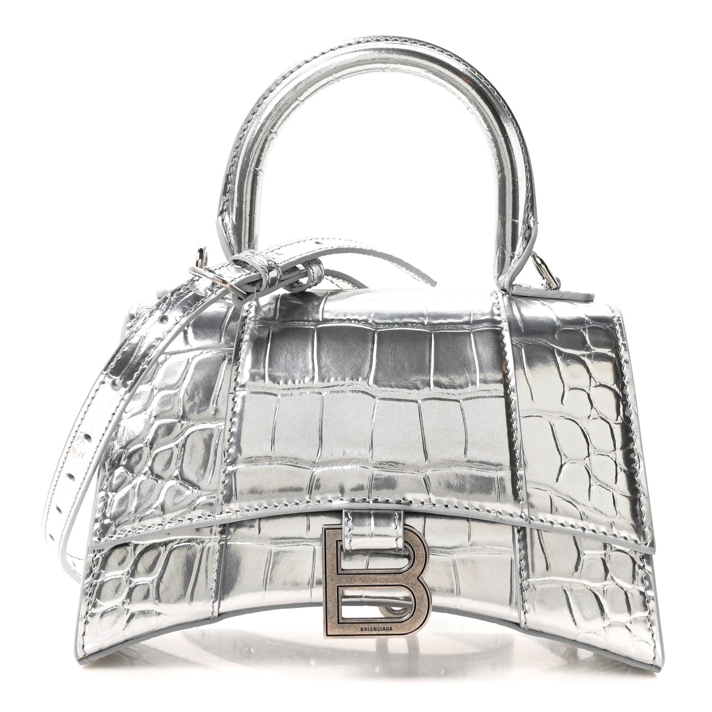 Metallic Calfskin Crocodile Embossed Hourglass Top Handle Bag XS Silver