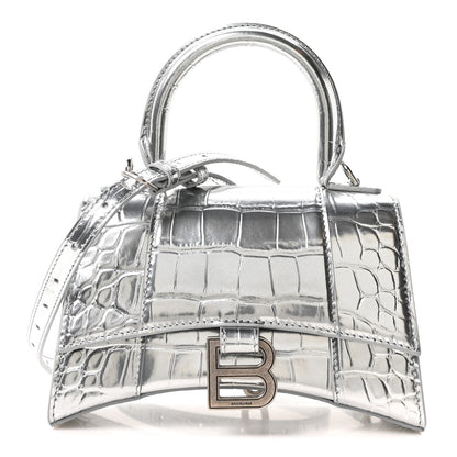 Balenciaga Metallic Calfskin Crocodile Embossed Hourglass Top Handle Bag XS Silver 1 of 9