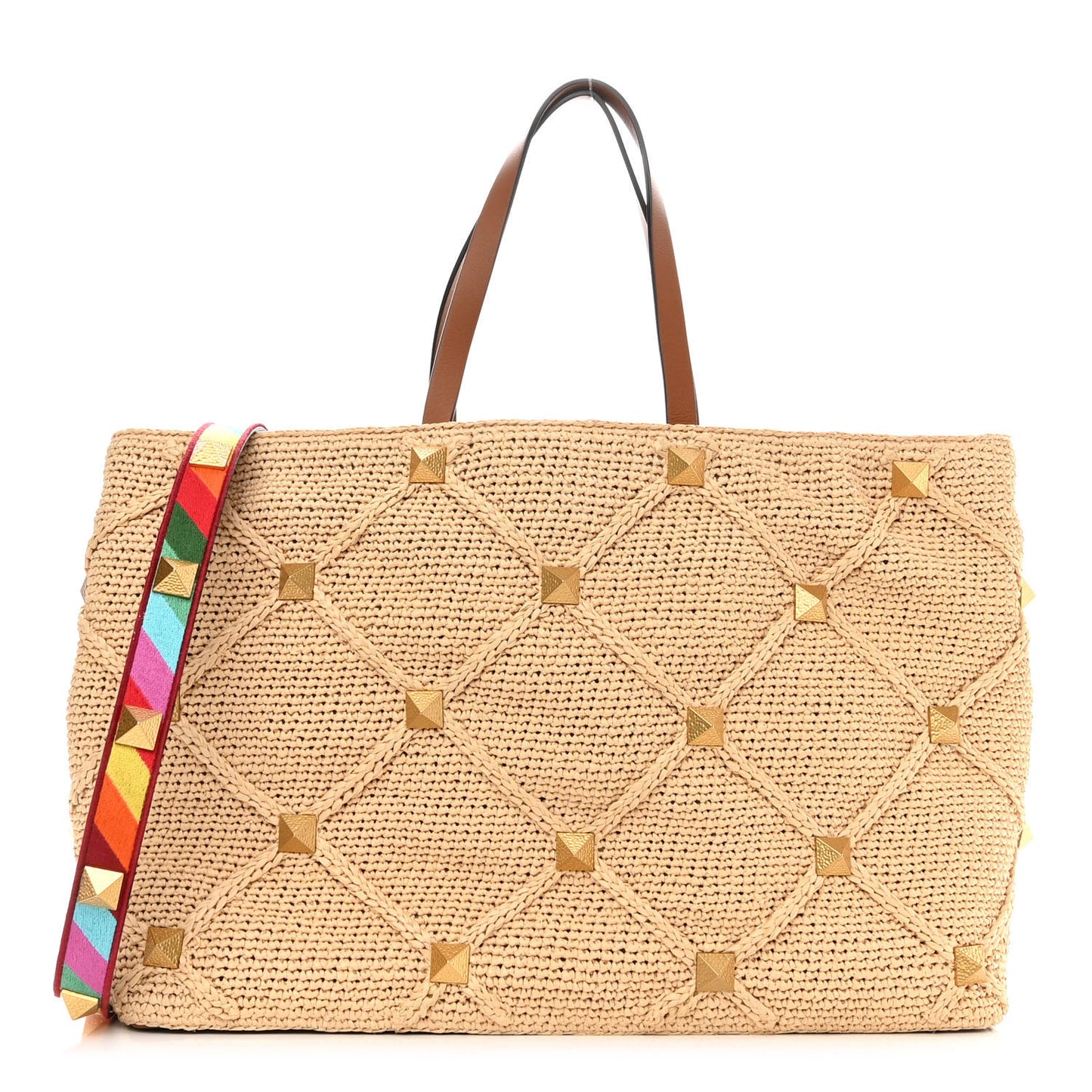 Raffia Calfskin Large Roman Stud Tote Naturale