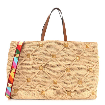 Valentino Garavani Raffia Calfskin Large Roman Stud Tote Naturale 1 of 9