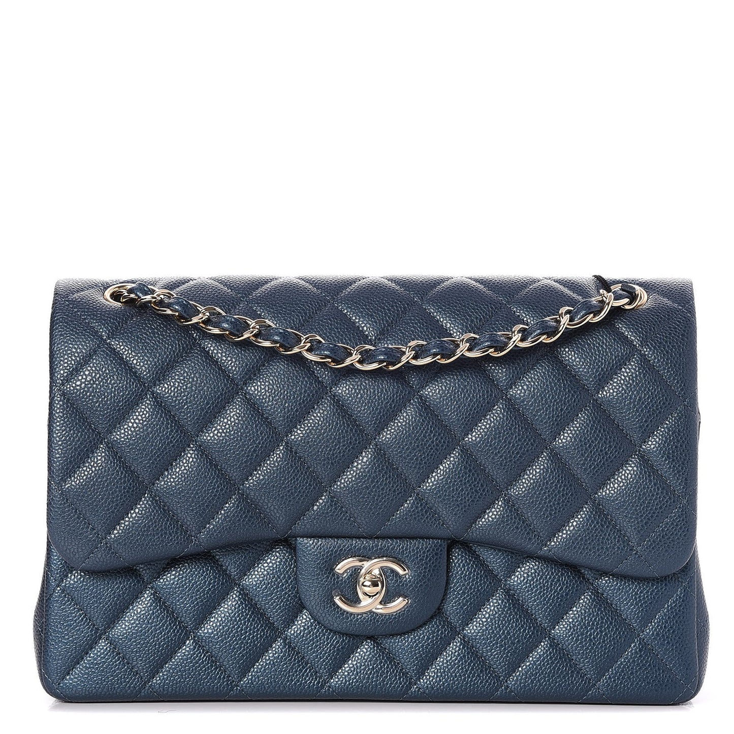 Metallic Caviar Quilted Jumbo Double Flap Dark Blue