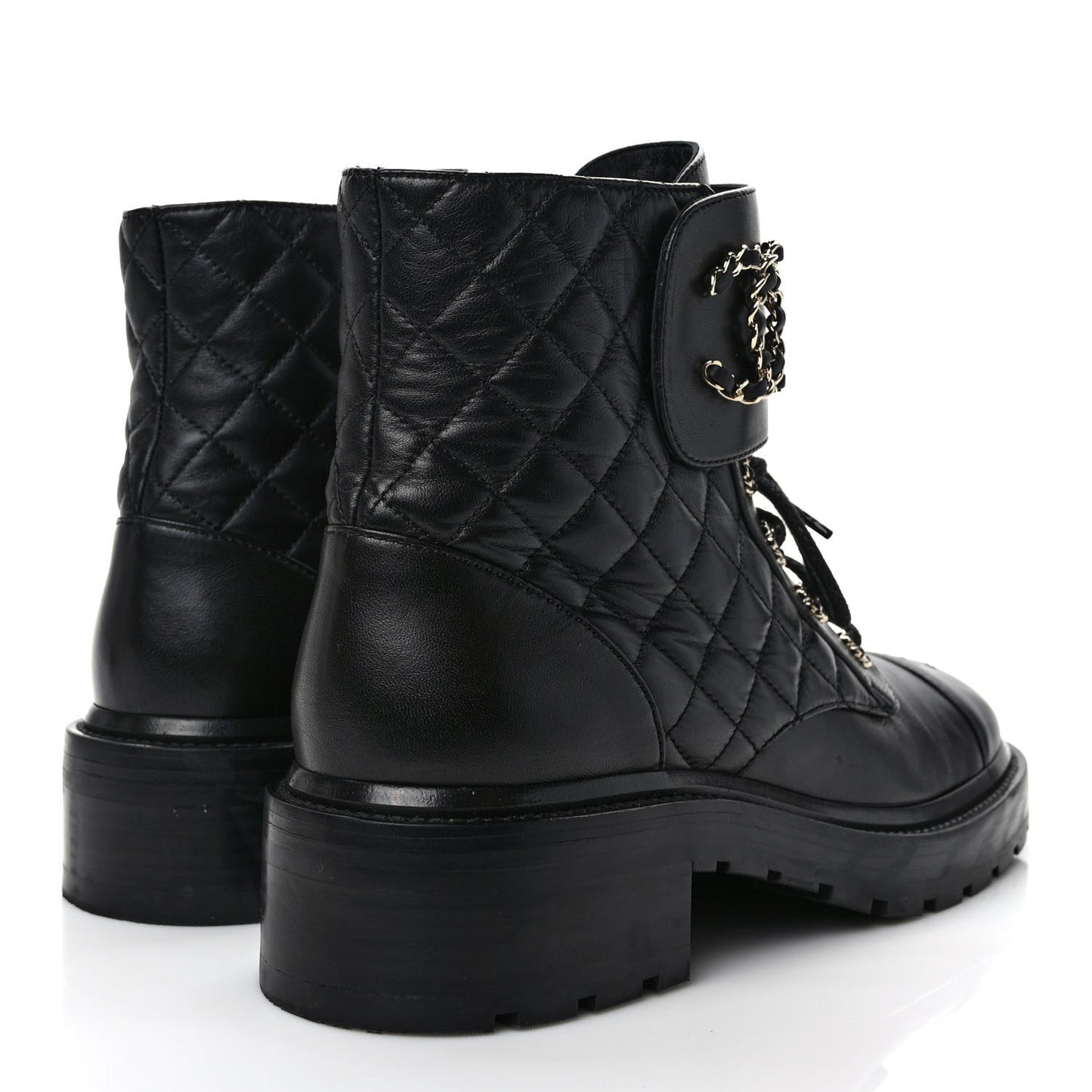 Shiny Calfskin Quilted Lace Up Combat Boots 41 Black