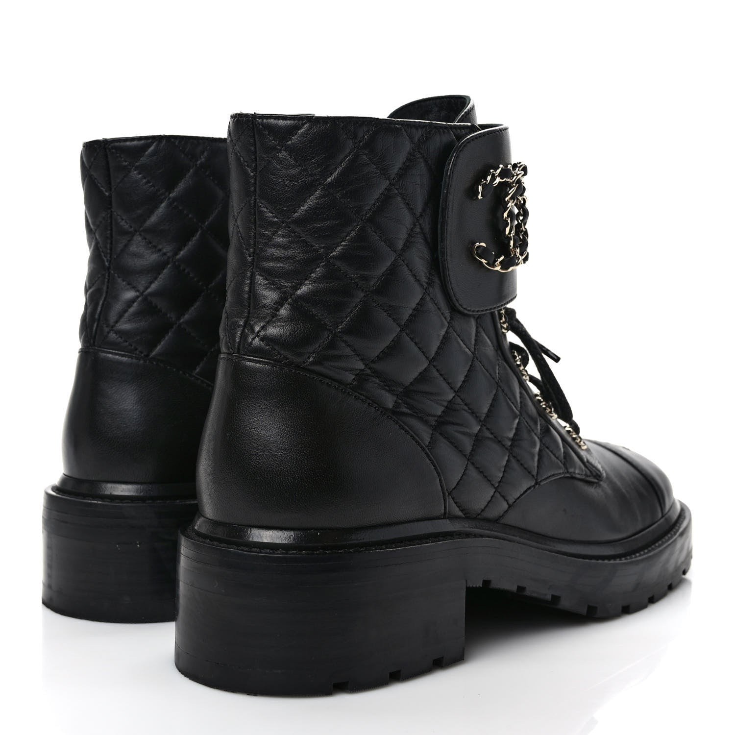 Chanel Shiny Calfskin Quilted Lace Up Combat Boots 41 Black 4 of 9