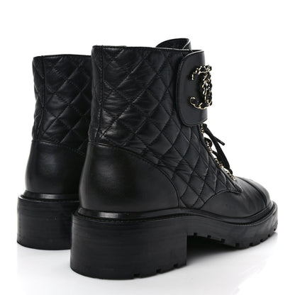Chanel Shiny Calfskin Quilted Lace Up Combat Boots 41 Black 4 of 9
