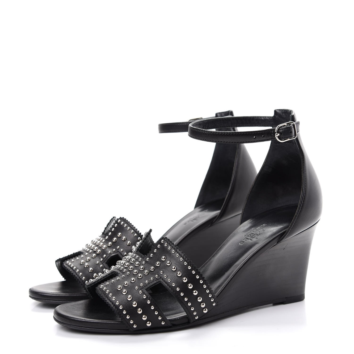 Hermes Calfskin Clous Legend Wedge Sandals 37 Black 3 of 10