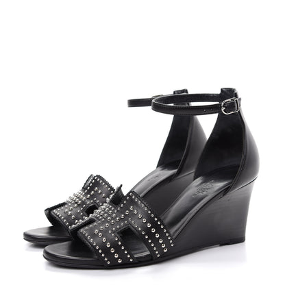 Hermes Calfskin Clous Legend Wedge Sandals 37 Black 3 of 10