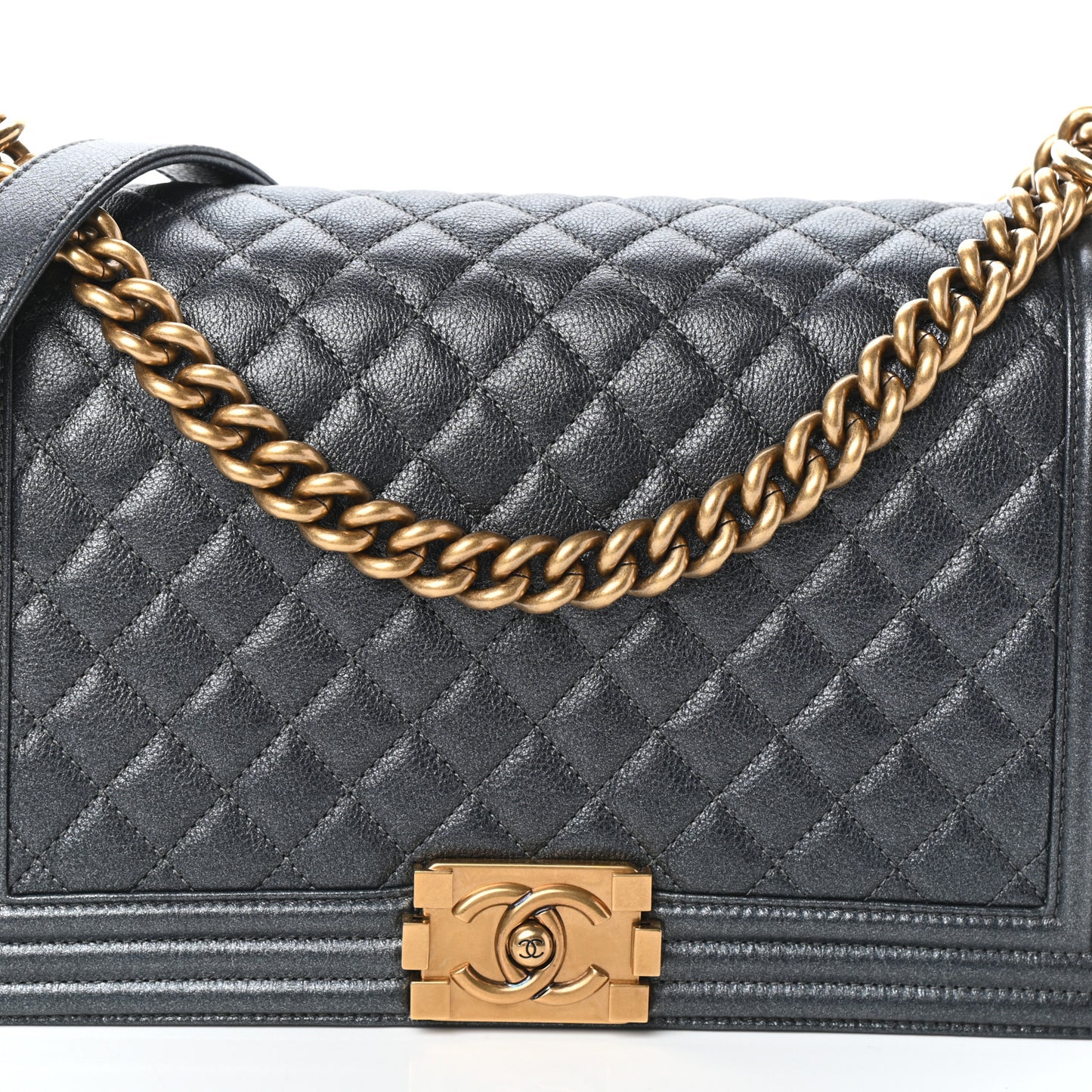 Metallic Calfskin Quilted New Medium Boy Flap Dark Grey